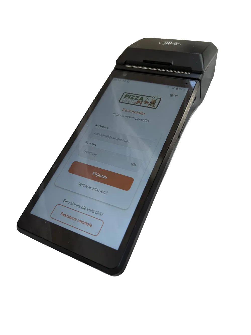 Pizzanet all-in-one handheld from the front, Pizzanet app on screen