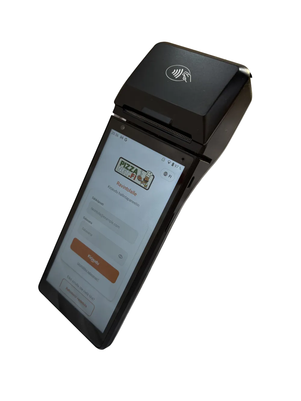 Pizzanet all-in-one handheld, built-in receipt printer on top