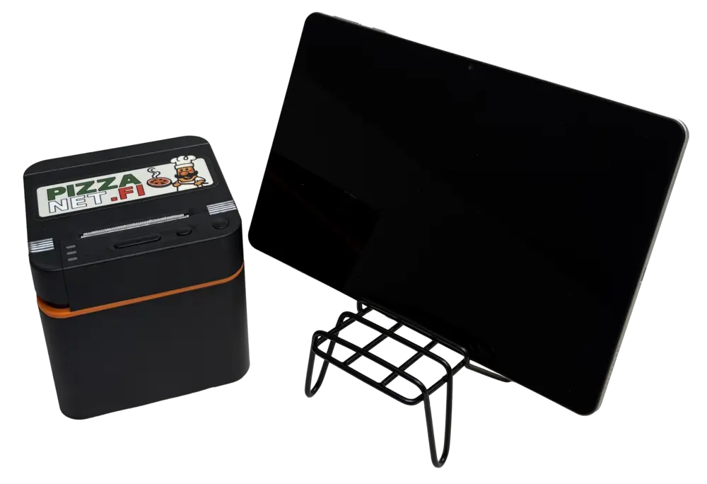 Pizzanet-laitepaketti: tabletti telineessä ja Bluetooth-kuittitulostin